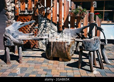 Table et chaises en rondins dans l'arrière-cour Banque D'Images