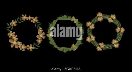 Ensemble de vecteur thème mystique et elf, comprend de belles couronnes de cadres dorés pour la décoration. Couleurs noir, vert et or avec dégradé pour la décoration, c Illustration de Vecteur