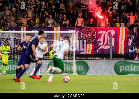 Maribor, Slovénie. 29 juillet 2021. Les fans réagissent lors de la deuxième partie de qualification de l'UEFA Europa Conference League, deuxième match de jambe entre NK Maribor et Hammarby IF au stade Ljudski vrt à Maribor. (Note finale; NK Maribor 0:1 Hammarby IF) crédit: SOPA Images Limited/Alamy Live News Banque D'Images