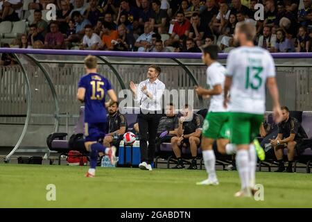 Maribor, Slovénie. 29 juillet 2021. Simon Rozman, entraîneur en chef de Maribor réagit lors du deuxième tour de qualification de l'UEFA Europa Conference League, match de deuxième jambe entre NK Maribor et Hammarby SI au stade Ljudski vrt à Maribor. (Score final; NK Maribor 0:1 Hammarby IF) (photo de Milos Vujinovic/SOPA Images/Sipa USA) crédit: SIPA USA/Alay Live News Banque D'Images