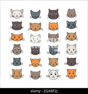 Adorable ensemble de dessin animé pour chats, icônes vectorielles amusantes. Faces de chat dessinées à la main. Illustration vectorielle. Illustration de Vecteur