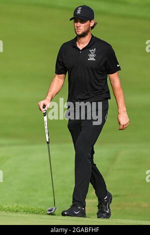 Thomas Pieters belges photographiés en action lors de la deuxième manche du jeu individuel de course de Golf masculin le huitième jour des 'Jeux Olympiques de Tokyo 2020' Banque D'Images