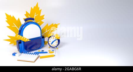 Sac à dos avec fournitures scolaires rendu sur blanc. illustration du concept 3d Banque D'Images