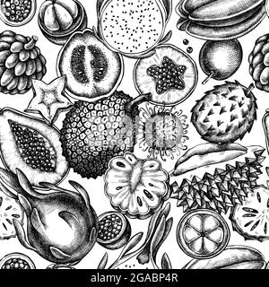 Motif sans couture avec papaye noir et blanc, goyave, fruits de la passion, amidons, durian, rambutan, pitaya, jackfruit, sucre-pomme, soussop, mangoustan Illustration de Vecteur