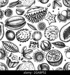 Motif sans couture avec papaye noir et blanc, goyave, fruits de la passion, amidons, durian, rambutan, pitaya, jackfruit, sucre-pomme, soussop, mangoustan Illustration de Vecteur