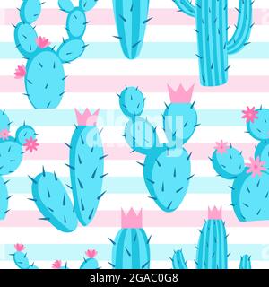 Motif de cactus azur sur fond rayé, illustration vectorielle. Illustration de Vecteur