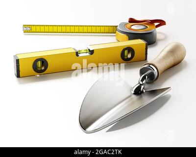 Outils de construction isolés sur fond blanc. Illustration 3D. Banque D'Images