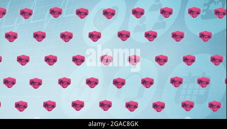 Composition des masques faciaux sur les icônes numériques sur fond bleu Banque D'Images