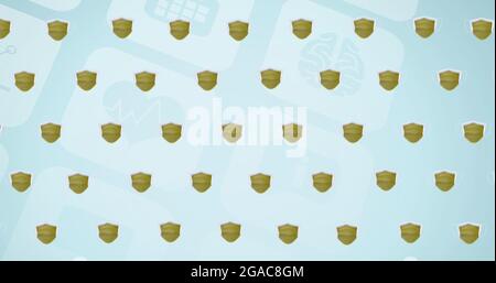 Composition des masques faciaux sur les icônes numériques sur fond bleu Banque D'Images