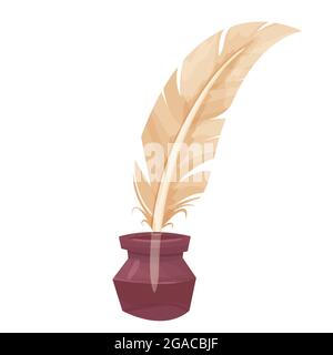 Plume d'oiseau, ancienne quill avec inkwell dans le style de dessin animé isolé sur fond blanc. Outil d'écriture, équipement. Élément de décoration. Illustration vectorielle Illustration de Vecteur