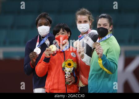 Tokyo, Japon. 30 juillet 2021. Madeleine MALONGA (FRA) 2e Médaille d'argent, Shori HAMADA (JPN) gagnante Médaille d'or, Anna-Maria WAGNER (GER) 3e Médaille de bronze, Mayra AGUIAR (BRA) 3e Médaille de bronze pendant les Jeux Olympiques Tokyo 2020, Judo Women -78 kg cérémonie de la Médaille finale le 29 juillet 2021 à Nippon Budokan, Tokyo, Japon - photo photo Kishimoto/DPPI crédit: Agence photo indépendante/Alamy Live News Banque D'Images