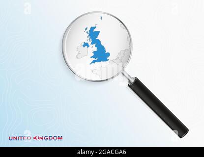 Loupe avec carte du Royaume-Uni sur fond topographique abstrait. Carte vectorielle. Illustration de Vecteur