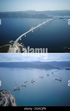 (210730) -- KOMARNA, le 30 juillet 2021 (Xinhua) -- une photo aérienne combinée montre le pont Peljesac après sa dernière connexion (en hausse, prise le 29 juillet 2021) et pendant la construction (en baisse, prise le 1er février 2020 ) à Mali Ston Bay, près de Komarna, dans le sud de la Croatie. La dernière pièce de poutre en caisson en acier pour le pont Peljesac dans le sud de la Croatie a été soulevée et soudée avec la structure principale à la fin de la nuit de mercredi. Le pont de 2.4 km avec passage de câble au-dessus de la baie de Mali Ston de la mer Adriatique relie le continent croate et la péninsule de Peljesac, dans son comté de Dubrovnik-Neretva le plus au sud, en contournant un court Banque D'Images