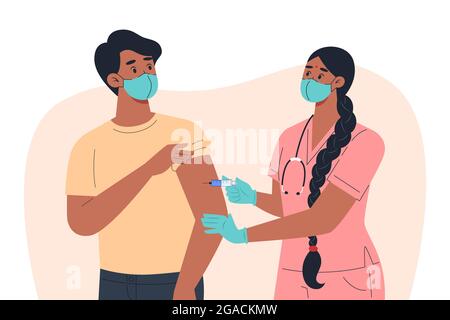 Une infirmière présente dans un masque et des gants prépare un vaccin à un patient mâle Illustration de Vecteur