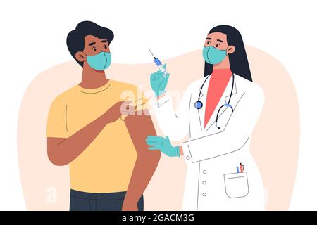 Une femme médecin dans un masque et des gants fait un vaccin à un patient mâle Illustration de Vecteur