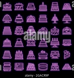 Jeu d'icônes de gâteau. Ensemble de contours d'icônes vectorielles de gâteau couleur néon sur noir Illustration de Vecteur