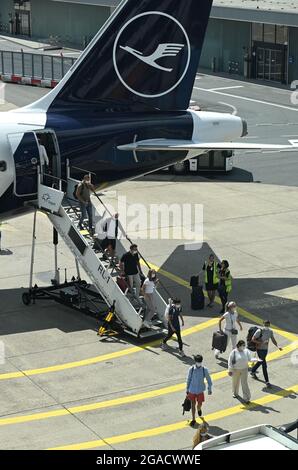 30 juillet 2021, Hessen, Francfort-sur-le-main : les voyageurs aériens quittent un Airbus A320neo de Lufthansa sur le tablier de l'aéroport de Francfort. Pour ceux qui reviennent de leurs vacances d'été, les nouvelles obligations de test pour se protéger contre une propagation de Corona doivent prendre effet à partir de ce dimanche. Photo: Arne Dedert/dpa Banque D'Images