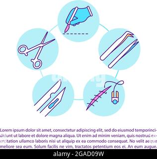 Icônes de la ligne de concept des instruments chirurgicaux avec texte. Modèle de vecteur de page PPT avec espace de copie. Brochure, magazine, élément de conception de newsletter. Humanitari Illustration de Vecteur