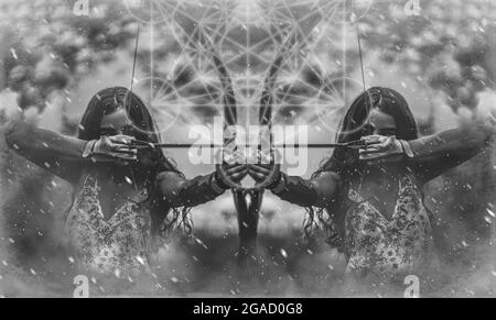 femme entraînement tir avec un arc et merkaba. Banque D'Images