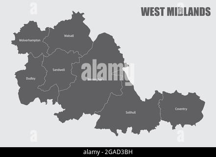 West Midlands comté divisé en districts avec des étiquettes, Angleterre Illustration de Vecteur