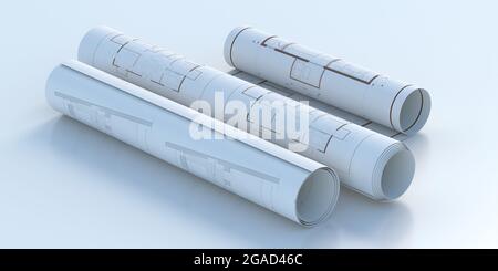 Bobines de plan d'architecture isolées sur fond blanc, projet de construction, concept de conception d'ingénierie. illustration 3d Banque D'Images