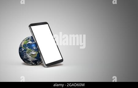 Smartphone avec la terre sur fond blanc - carte de la Terre de la NASA - rendu 3D Banque D'Images