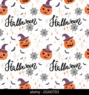 Fond d'Halloween sans couture avec éléments de potiron dessiné à la main et lettrage halloween. Illustration vectorielle Illustration de Vecteur