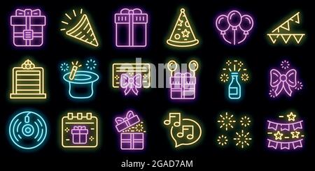 Icônes surprise définies. Ensemble de contours d'icônes de vecteur surprise de couleur néon sur noir Illustration de Vecteur