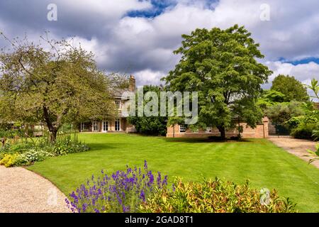 JARDINS BOTANIQUES DE L'UNIVERSITÉ D'ANGLETERRE DE CAMBRIDGE, ARBRE À POMMES DE NEWTON ET PELOUSE DEVANT LE LODGE EN ÉTÉ Banque D'Images