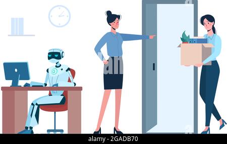 Le robot est sur le lieu de travail, et la femme est congédiée. L'intelligence artificielle a remplacé les humains, ils ont perdu son emploi en raison de la robotique. Vecteur plat .isolé. Ai, les technologies de l'avenir. Illustration de Vecteur