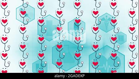 Composition des stéthoscopes sur des icônes numériques sur fond bleu Banque D'Images