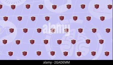 Composition des masques faciaux sur les icônes numériques sur fond bleu Banque D'Images