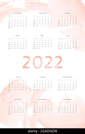 modèle de calendrier 2022 sur fond de couleur rose corail dessiné à la main avec des traits aquarelle. Conception de calendrier pour l'impression et le numérique. La semaine commence le dimanche. Illustration de Vecteur