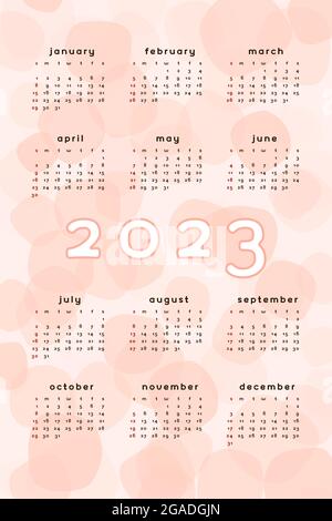 modèle de calendrier rose corail 2023. Fond abstrait orange au format vertical avec tache de tache tracée à la main. Conception de calendrier pour l'impression et le numérique. La semaine commence le dimanche. Illustration de Vecteur