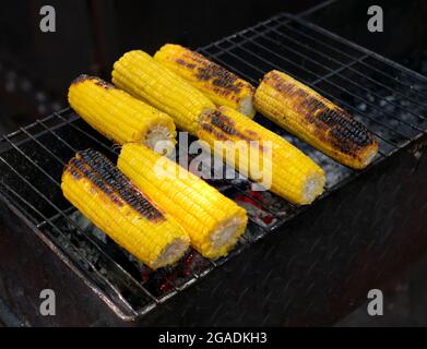 Maïs grillé sur l'épi. Cuisiner des légumes à l'extérieur, faire la fête au gril. Maïs frit fait maison pour l'en-cas végétalien d'été Banque D'Images