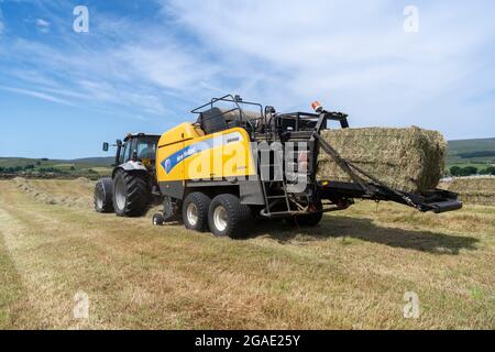 Entrepreneur équipé d'une presse à balles argentée Hurlimann et New Holland, qui fait de grosses balles carrées de foin dans un pré traditionnel des bières, à Hawes, dans le North Yorkshire, au Royaume-Uni. Banque D'Images