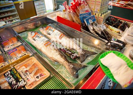 Port de pêche de Rausu produits frais de l'océan exposés dans la boutique de fruits de mer de la ville de Rausu à l'île Hokkaido, Japon. Prise à l'île Hokkaido, Japon, le septembre, Banque D'Images