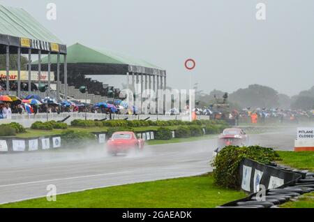 Voitures de course classiques en compétition dans la course d'endurance RAC Tourist Trophy Celebration au Goodwood Revival 2013 par temps humide. Pluie. Spectateurs Banque D'Images