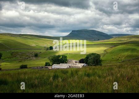 VEW de Pen y-ghent depuis Henside Road sous une lumière éblouissante, en regardant Silverdale Road, dans le parc national de Yorkshire Dales Banque D'Images