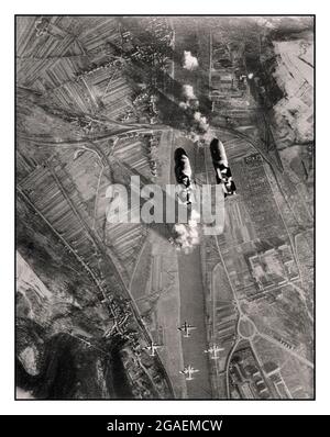 WW2 attaque aérienne bombardement d'un bombardier Marauder de l'USAAF Martin B-26 sur le pont ferroviaire traversant la Moselle à Trèves-Pfalzel, Rhénanie-Palatinat, Allemagne nazie, le 24 décembre 1944 les raids de bombardement lumière du jour de la Seconde Guerre mondiale alliés de la Force aérienne Banque D'Images