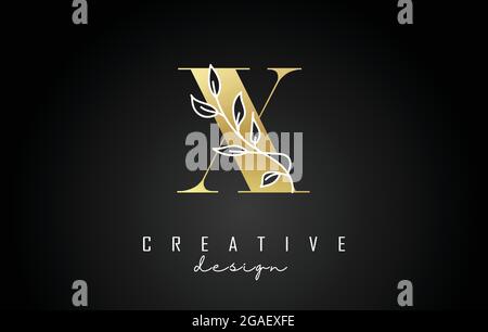 Logo Golden X avec illustration vectorielle de branche à feuilles blanches. Icône créative et élégante avec lettre X. Illustration de Vecteur