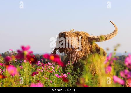 Une marionnette en paille en forme d'animal est installée à l'intérieur du jardin de fleurs pour permettre aux visiteurs de visiter les magnifiques champs de fleurs et les marionnettes en paille faites à partir de Banque D'Images