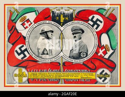 HITLER MUSSOLINI 1936, Italian Facist Propaganda Card promotion de la collaboration étroite entre Adolf Hitler Nazi Party Germany et El Duce Benito Mussolini Facist Party Italy. Partie de l'axe du mal WW2 Banque D'Images