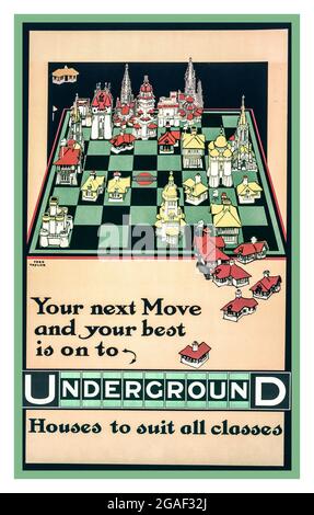 Vintage 1900s Underground Retro tube Rail affiche de voyage "votre prochain mouvement et votre meilleur est sur le métro ... les maisons pour convenir à toutes les classes" / Fred Taylor. Taylor, Fred, 1875-1963, artiste Date de création/publication : London : Johnson, Riddle & Co., Ltd., 1914. (Affiche) : lithographie, couleur ;affiche le damier ou le jeu d'échecs avec des pièces en forme de maisons et autres bâtiments. London Electric Railway--relations publiques--1910-1920. Jeux de cartes--1910-1920. Pièces de jeu--1910-1920. Déménagement à domicile--1910-1920. Lithographies--couleur--1910-1920. Affiches--Anglais--1910-1920. Banque D'Images