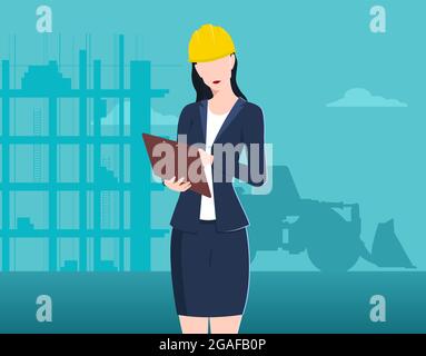 Ingénieur architecte femme portant un casque de sécurité sur un chantier de construction avec Folder Illustration de Vecteur