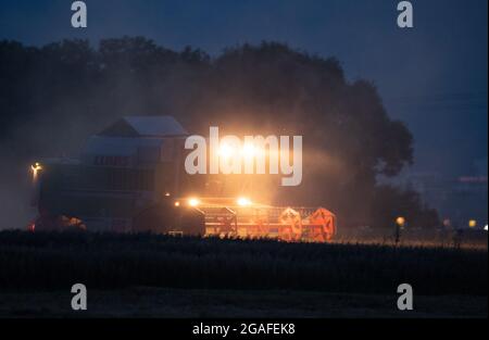 Nieder Erlenbach, Allemagne. 30 juillet 2021. Un agriculteur récolte du blé avec sa moissonneuse-batteuse dans l'obscurité. Crédit : Boris Roessler/dpa/Alay Live News Banque D'Images