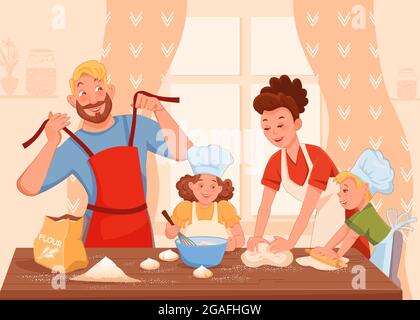 La famille, la mère, le père, la fille et le fils cuisent des pâtisseries ensemble sur une grande table. Illustration vectorielle plate de style dessin animé pour les enfants Illustration de Vecteur