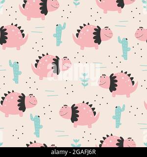 Joli motif dinosaure - motif dinosaure puéril sans couture dessiné à la main Illustration de Vecteur