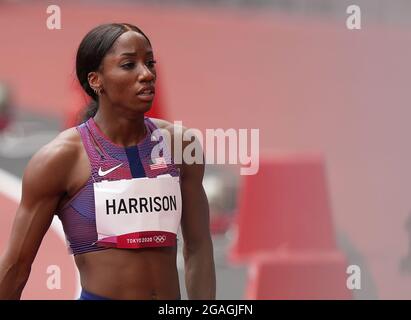 Tokyo, Japon. 31 juillet 2021. Kendra Harrison, des États-Unis, réagit pendant les 100m haies des femmes aux Jeux Olympiques de Tokyo en 2020, à Tokyo, au Japon, le 31 juillet 2021. Crédit: Li Yibo/Xinhua/Alay Live News Banque D'Images