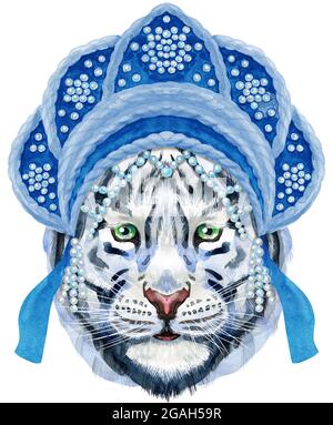 Illustration aquarelle d'un tigre blanc souriant dans l'adresse nationale russe kokoshnik. Illustration d'aquarelle d'animal sauvage sur fond blanc Banque D'Images